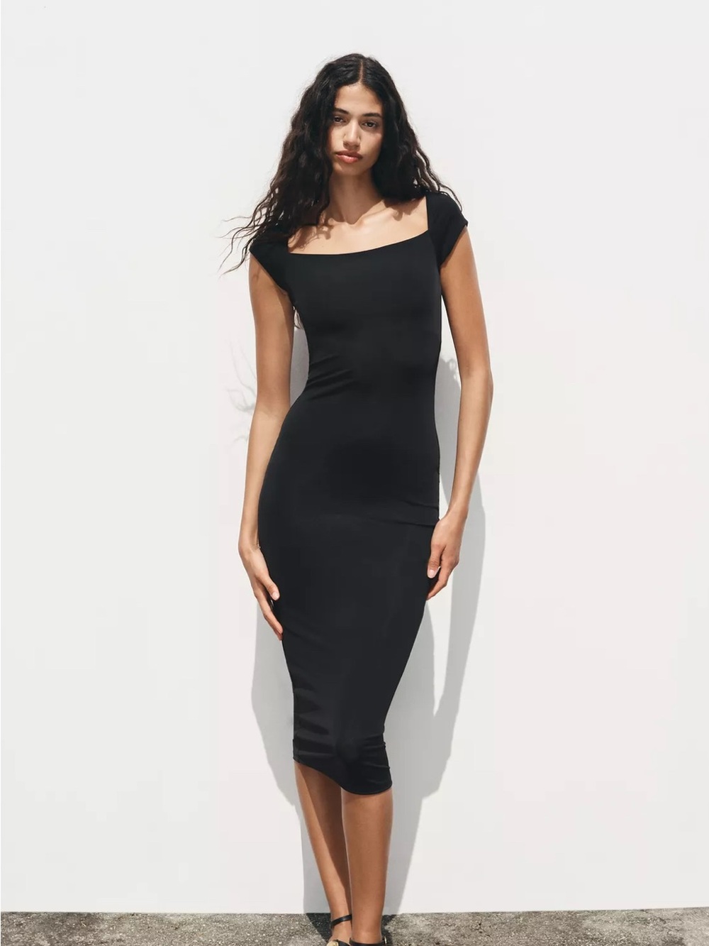 Zara Black Off-Shoulder Midi Bodycon Dress